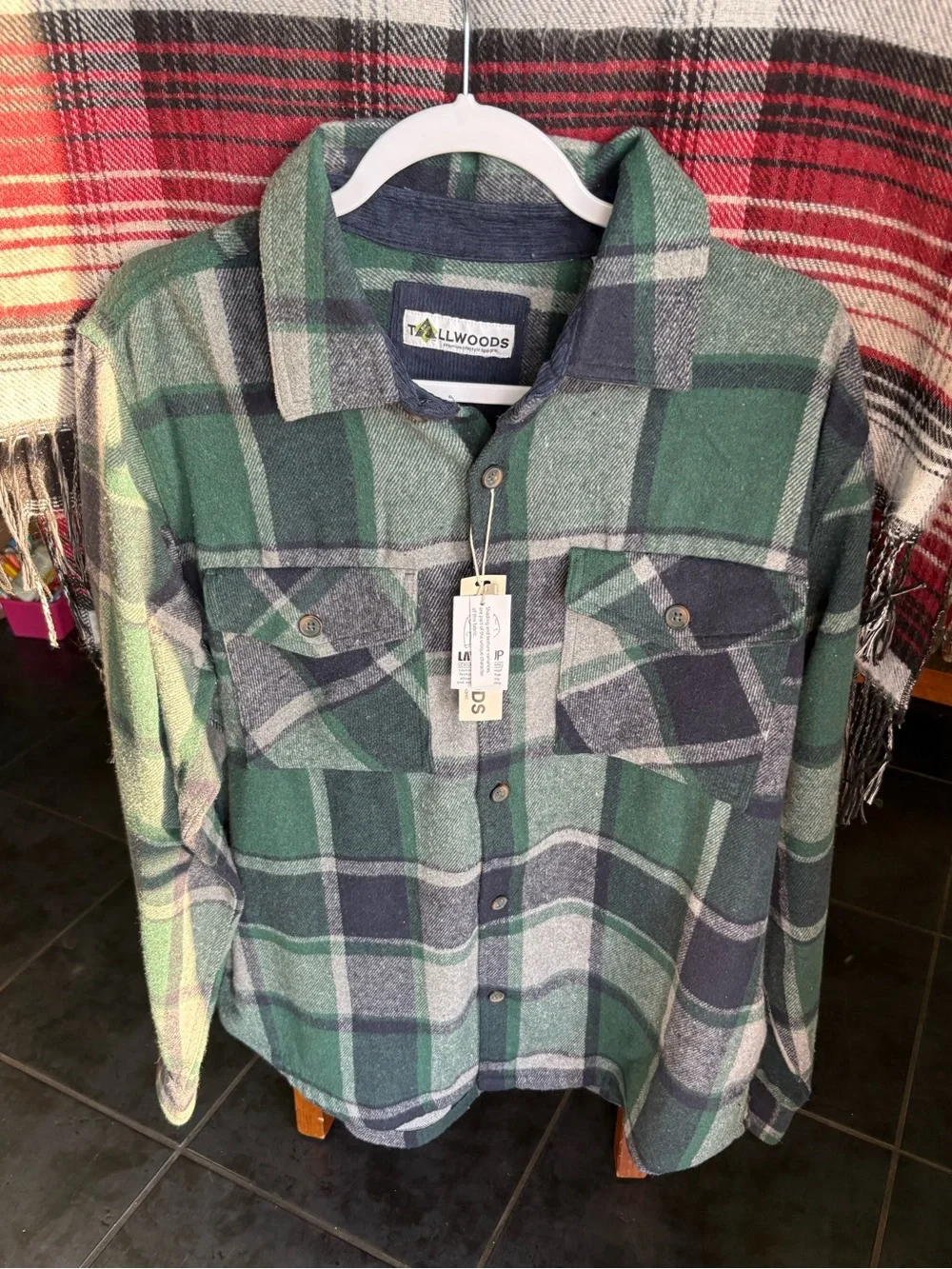 Men’s button up vintage flannel OD green New with tags Tall woods L